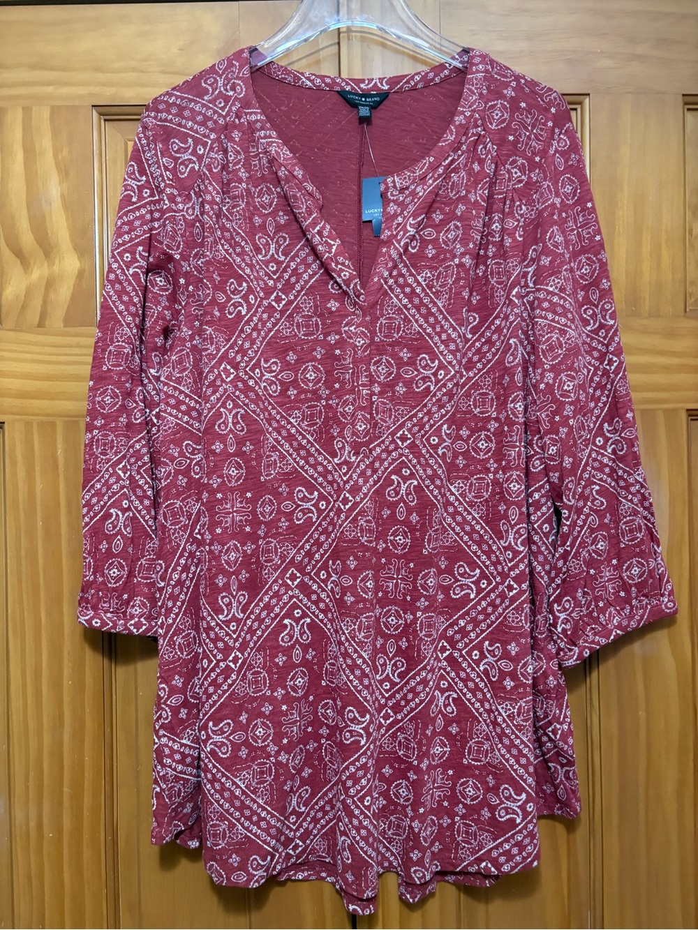 Lucky Brand Brick Red Paisley Print Split-Neck Tunic Size 2X NWT